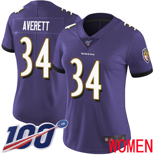 Baltimore Ravens Limited Purple Women Anthony Averett Home Jersey NFL Football 34 100th Season Vapor Untouchable